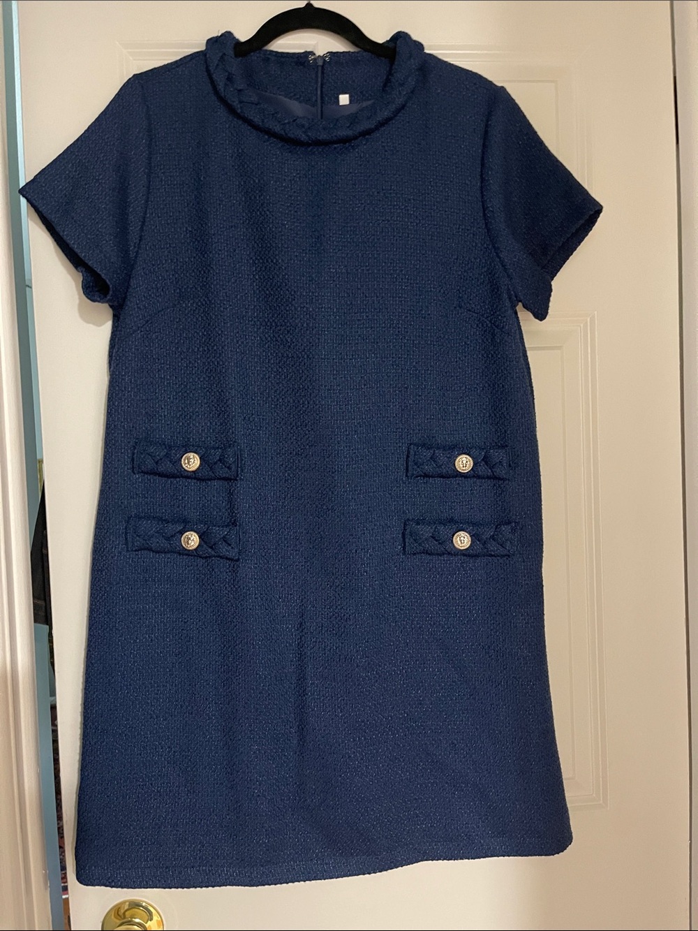 Navy Short Sleeve Shift Dress with Decorative Pockets